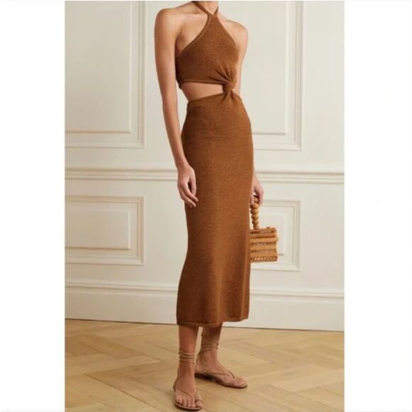 Cult Gaia Cameron Halter Knit Cutout Midi Dress in Amber Large Knotted Waist - Picture 5 of 14